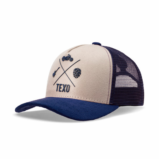 Boné Trucker Rocker Suede Bege e Azul Texo