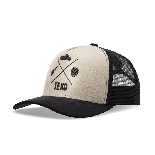 Boné Trucker Rocker Suede Bege e Preto Texo