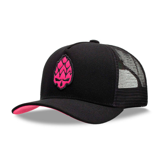 Boné Trucker Fluor Preto Hopskull Rosa Texo